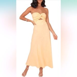NWT Yellow Linen Twist Front Strapless Sweetheart Neckline Midi Dress, Size M